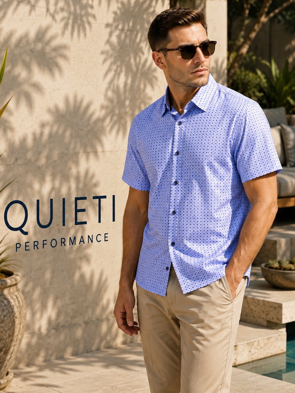 QUIETI Performance Micro Print Stretch Short Sleeve Button Down, Size XXL